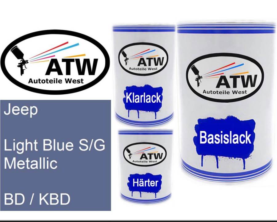 Jeep, Light Blue S/G Metallic, BD / KBD: 500ml Lackdose + 500ml Klarlack + 250ml Härter - Set, von ATW Autoteile West.